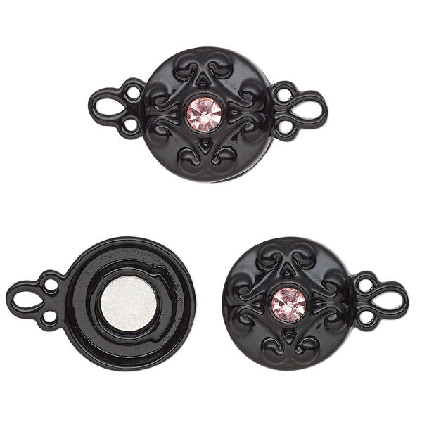 Clasp, magnetic, black-finished "pewter" (zinc-based alloy) and glass, pink, 12mm double-sided round. Sold per pkg of 2. image number 0