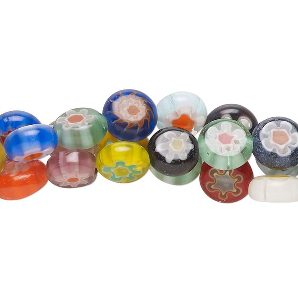 Bead, millefiori glass, opaque and translucent multicolored, 7-9mm puffed flat round. Sold per pkg of (3) 14-inch strands. image number 0