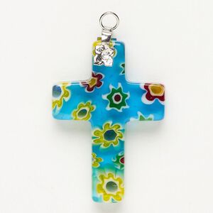 Focal 1pkg1 silver-finished steel and millefiori glass, translucent and transparent multicolored, 33x23mm-35x24mm cross.