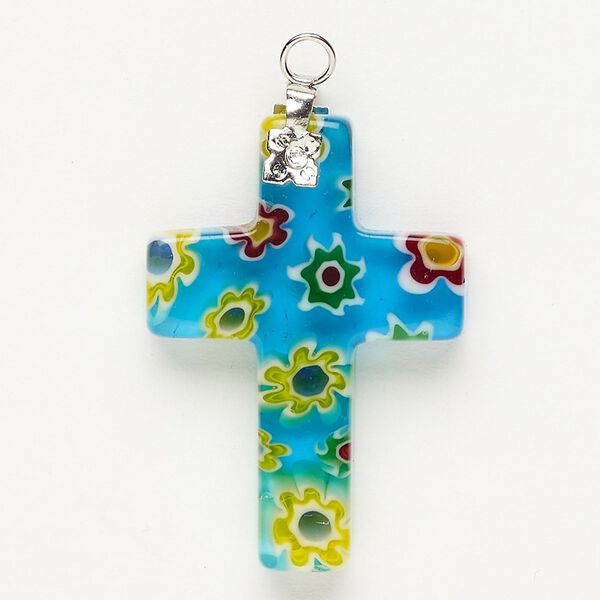 Focal 1pkg1 silver-finished steel and millefiori glass, translucent and transparent multicolored, 33x23mm-35x24mm cross. image number 0