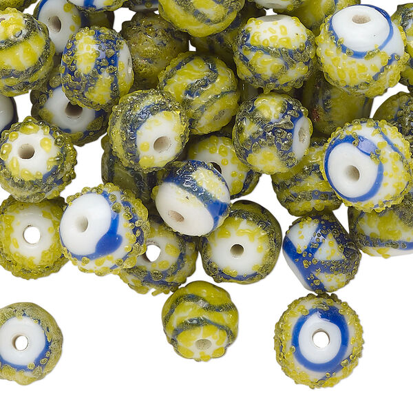 Bead, glass, opaque yellow-green / blue / white, 8mm textured round with swirl design. Sold per 2-ounce pkg, approximately 70 beads. image number 0