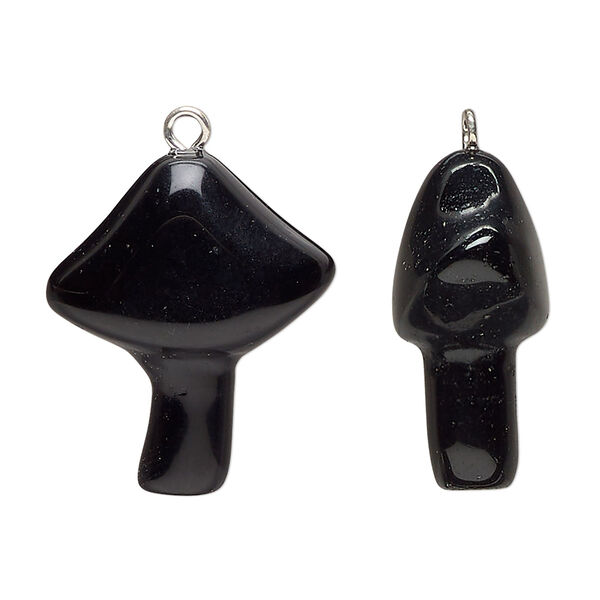 Drop, imitation rhodium-plated brass and black obsidian (natural), 25x21.5mm hand-carved mushroom. Sold individually. image number 0