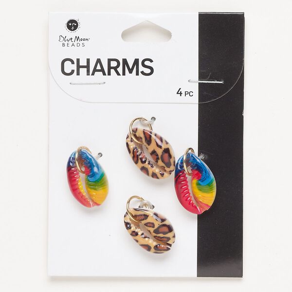 Drop assortment, gold-finished steel and acrylic, mixed colors, 21x14mm shell with leopard and rainbow patterns. Sold per pkg of 4. image number 0