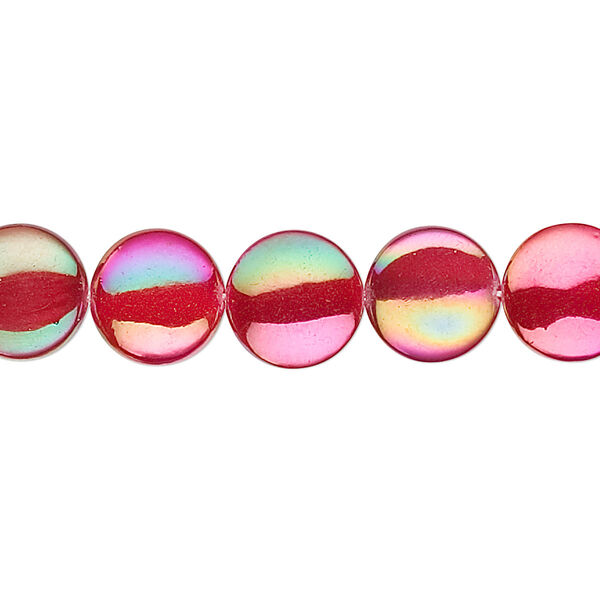 Bead, mother-of-pearl shell (dyed / coated), red, 10mm flat round. Sold per 15-inch strand. image number 0