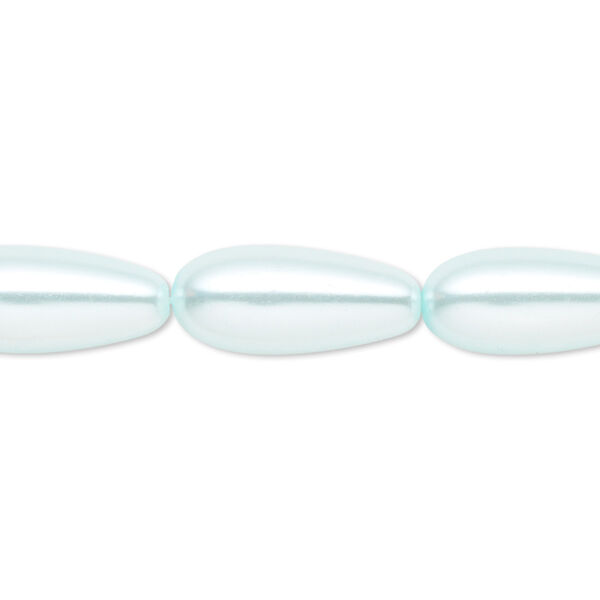 Bead, crystal pearl, light blue, 15x7mm-18x8mm teardrop. Sold per 15-1/2" to 16" strand, approximately 20 beads. image number 0