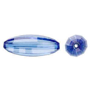 Bead, acrylic, blue, 33x12mm faceted long oval. Sold per 100-gram pkg, approximately 30 beads.