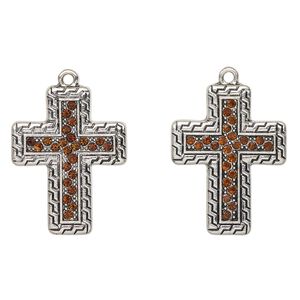 Focal, antique silver-finished "pewter" (zinc-based alloy) and glass, brown, 30x23mm cross. Sold per pkg of 2.