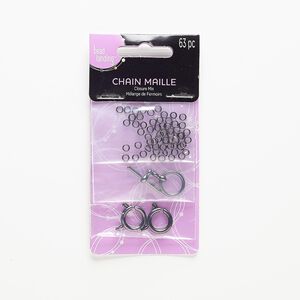 Jump ring and clasp, gunmetal-finished steel and "pewter" (zinc-based alloy), 3mm 22-gauge round / 12mm round toggle / 12mm springring. Sold per pkg of 63.