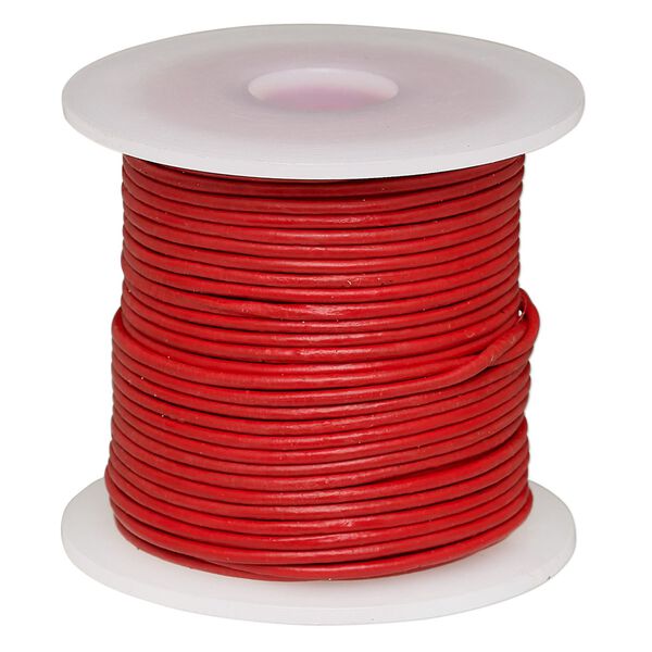 Cord, leather (dyed), red, 1-1.2mm round. Sold per 25-yard spool. image number 0
