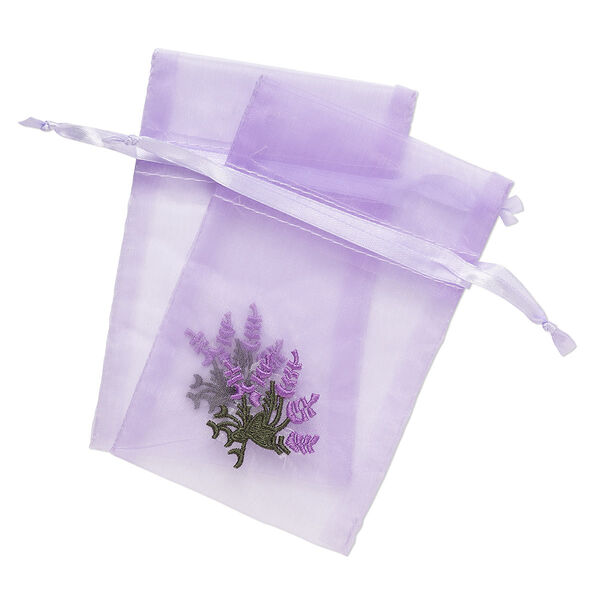 Pouch, satin and organza, purple and green, 6x4-inch rectangle with embroidered lavender and drawstring closure. Sold per pkg of 2. image number 0