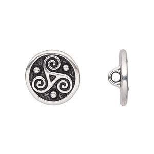Button, TierraCast®, antique silver-plated pewter (tin-based alloy), 16mm flat round with triskele and loop. Sold per pkg of 20.