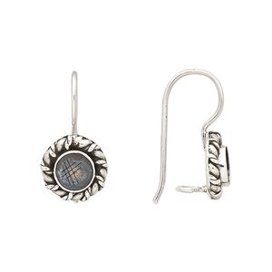 Ear wire 1pkg2 sterling silver, 21mm / 11mm wire-wrapped rim / 6mm round bezel cab setting / safety latch, antiqued 1 pair