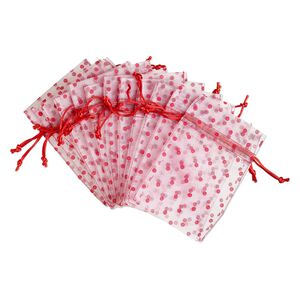 Pouch, organza, white and red, 6x4 inches with dots pattern and drawstring closure. Sold per pkg of 12.
