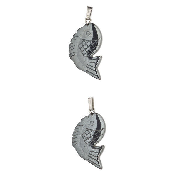 Pendant, Hemalyke™ (manmade) and silver-finished "pewter" (zinc-based alloy), 24x18mm carved fish. Sold per pkg of 2. image number 0