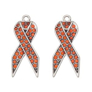 Charm, antique silver-finished "pewter" (zinc-based alloy) and glass, orange, 27x13mm single-sided awareness ribbon. Sold per pkg of 2.