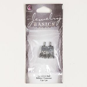 Bail, antique silver-finished "pewter" (zinc-based alloy), 15x10mm half-round with scroll design. Sold per pkg of 2.