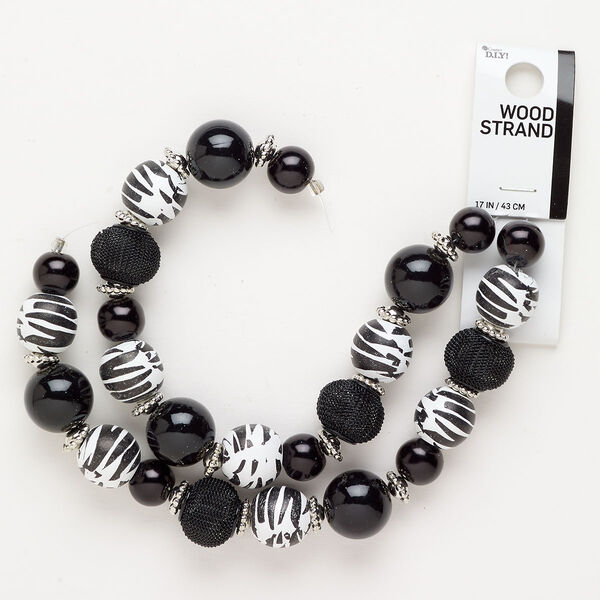 Bead assortment 1pkg1 steel / wood / acrylic, mixed sizes / shapes, 17 inch black / white / CCB silver finish image number 0