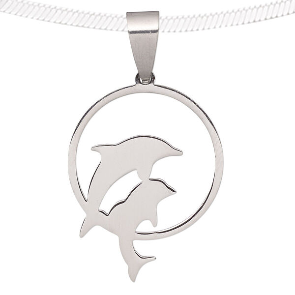 Pendant, stainless steel, 27x21mm matte and shiny double dolphin in circle. Sold individually. image number 0