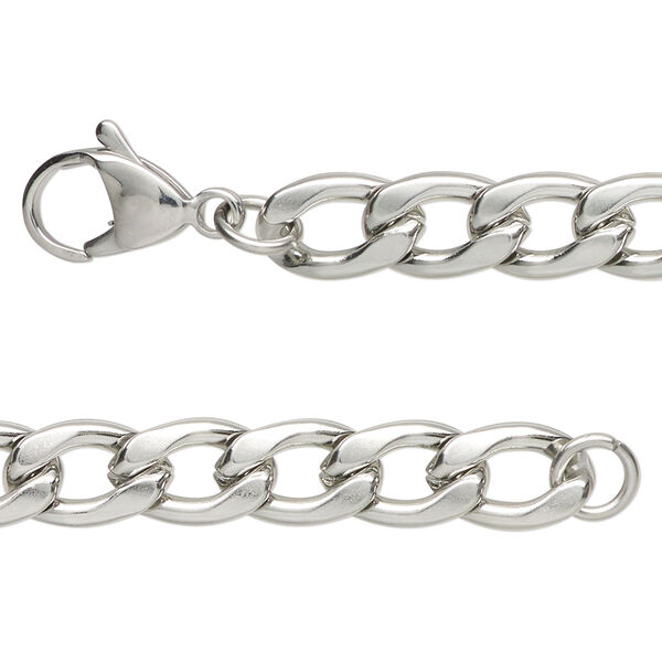 Chain, stainless steel, 7.2mm flat curb, 16 inches with lobster claw clasp. Sold individually. image number 0