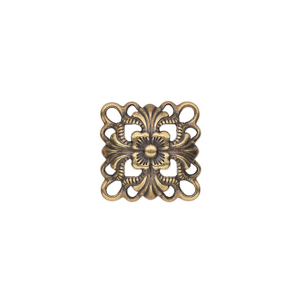 Link, antique gold-plated steel, 14x14mm single-sided domed square. Sold per pkg of 24. image number 0