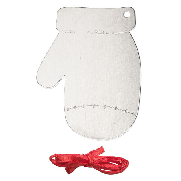 Ornament, ImpressArt®, aluminum and polyester, 3x2-3/8 inch mittens with ribbon. Sold per pkg of 3. image number 0