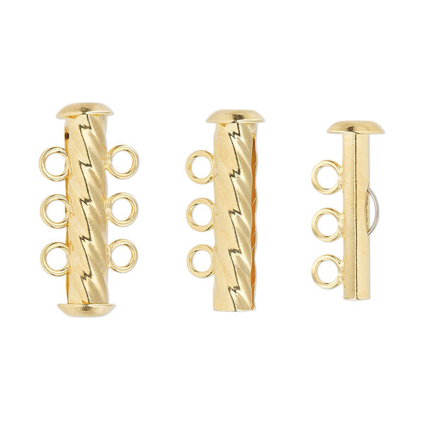 Clasp, 3-strand slide lock, gold-plated brass, 21x6mm corrugated round tube. Sold per pkg of 4. image number 0