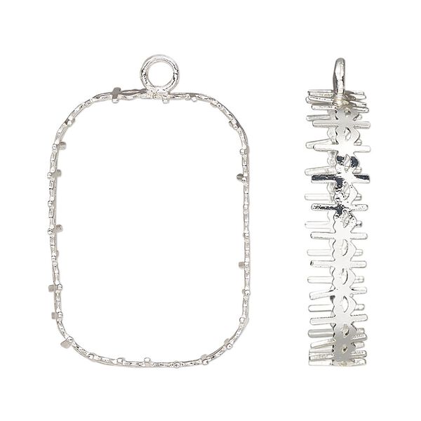 Drop, silver-finished brass, 28.5x21.5mm rectangle with open back and decorative trim with 27x18.5mm emerald-cut setting. Sold per pkg of 4. image number 0