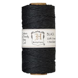 Cord, Hemptique®, polished hemp, black, 1.5mm diameter, 45-pound test. Sold per 229-foot spool.