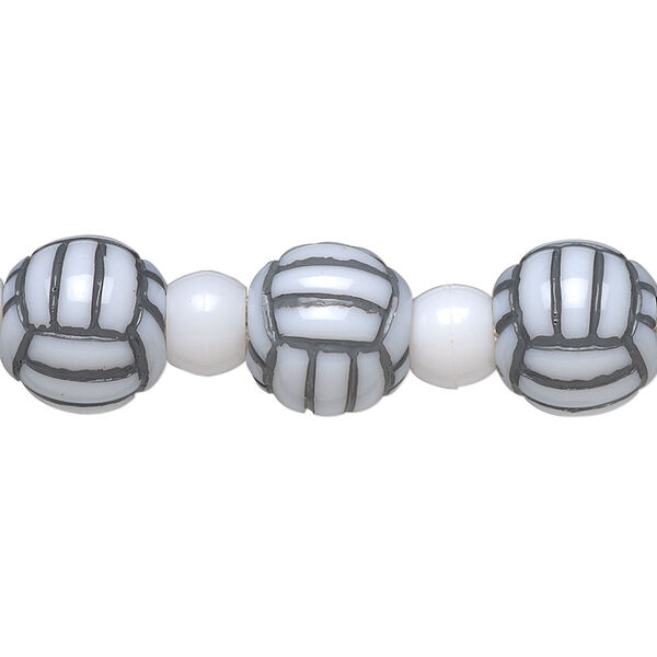 Bead, acrylic, black and white, 7x5.5mm crow and 11mm volleyball. Sold per 8-inch strand. image number 0