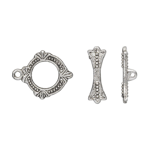 Clasp, toggle, antique silver-plated "pewter" (zinc-based alloy), 15x14mm double-sided round. Sold per pkg of 20. image number 0