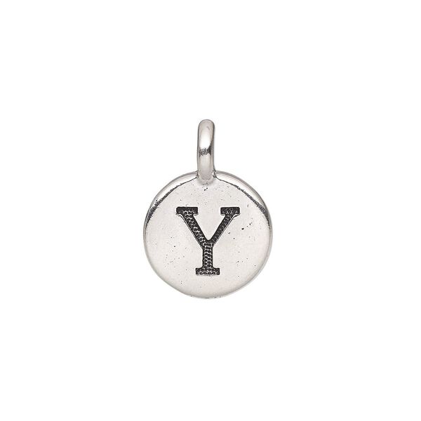 Drop, TierraCast®, antique silver-plated pewter (tin-based alloy), 11.5mm single-sided round with textured alphabet letter "Y." Sold per pkg of 2. image number 0