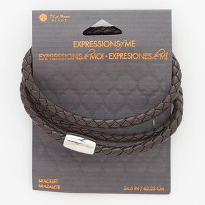 Bracelet, wrap, faux leather and silver-finished "pewter" (zinc-based alloy), brown, 5mm wide braided, 24 inches with magnetic clasp. Sold individually.