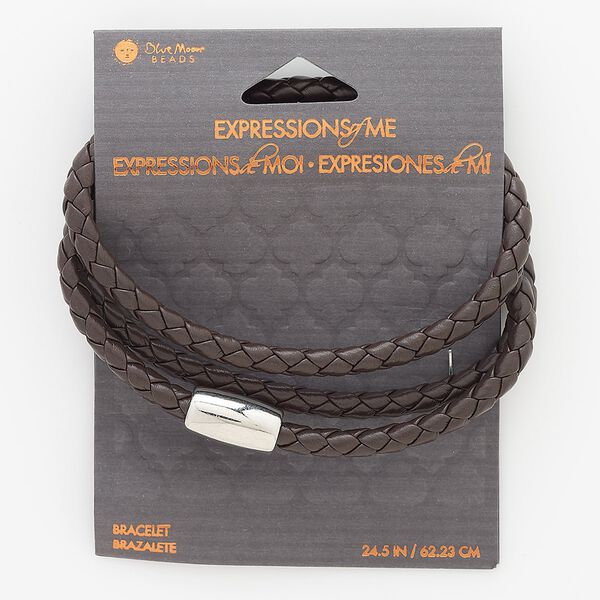 Bracelet, wrap, faux leather and silver-finished "pewter" (zinc-based alloy), brown, 5mm wide braided, 24 inches with magnetic clasp. Sold individually. image number 0