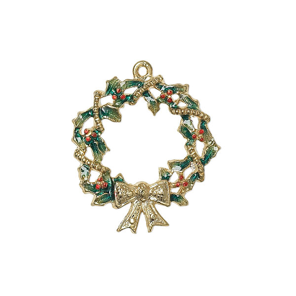 Charm, enamel and gold-finished "pewter" (zinc-based alloy), red and green, 23.5x22mm single-sided wreath with bow. Sold individually. image number 0