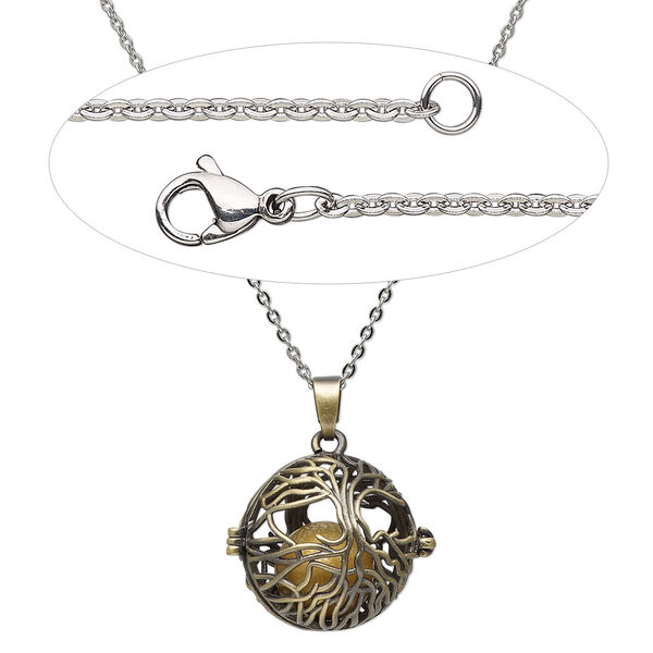 Necklace, Everyday Jewelry™, antique brass-finished brass drop and stainless steel chain, 24 inches. Sold individually. image number 0