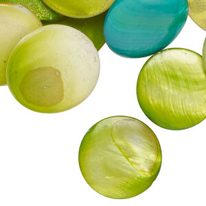 Mother-of-pearl shell 1pkg6oz, puffed flat round bead mix multi-green 17-20mm