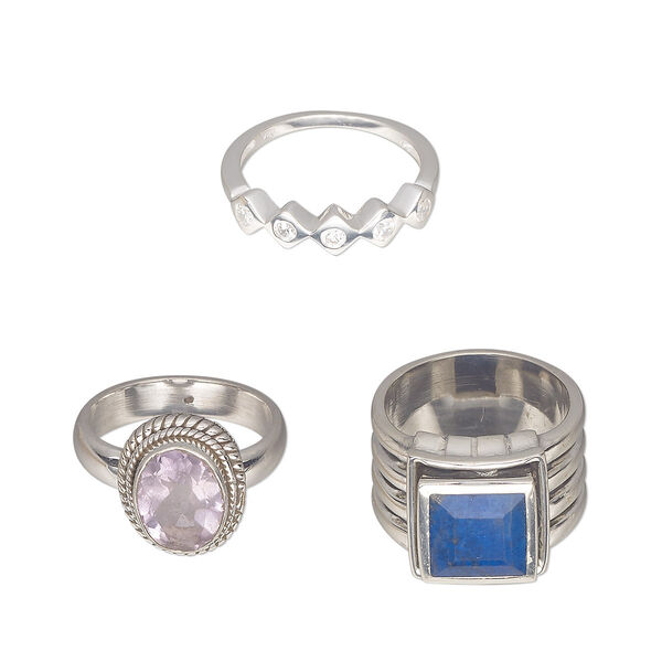 Ring mix, Create Compliments®, multi-gemstone (natural / dyed / heated / irradiated) / glass / sterling silver, multicolored, 2-16mm wide, size 8 to 8-1/2. Sold per pkg of 3. image number 0
