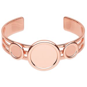Bracelet, Almost Instant Jewelry®, cuff, copper-plated brass and "pewter" (zinc-based alloy), 25mm wide with (2) 10mm and (1) 20mm round settings, adjustable. Sold individually.
