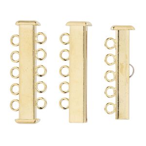 Clasp slide lock 1pkg4 gold-plated, 31x7mm rectangle tube, brass 5-strand