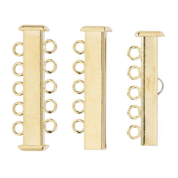 Clasp, 5-strand slide lock, gold-plated brass, 31x7mm rectangle tube. Sold per pkg of 4. image number 0