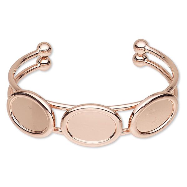 Bracelet, cuff, copper-plated brass and "pewter" (zinc-based alloy), 18mm wide with (3) 18x13mm oval settings, adjustable. Sold individually. image number 0