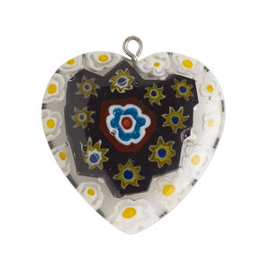 Focal 1pkg1, silver-finished steel / millefiori glass, opaque to transparent multicolored, 29-31mm puffed heart.