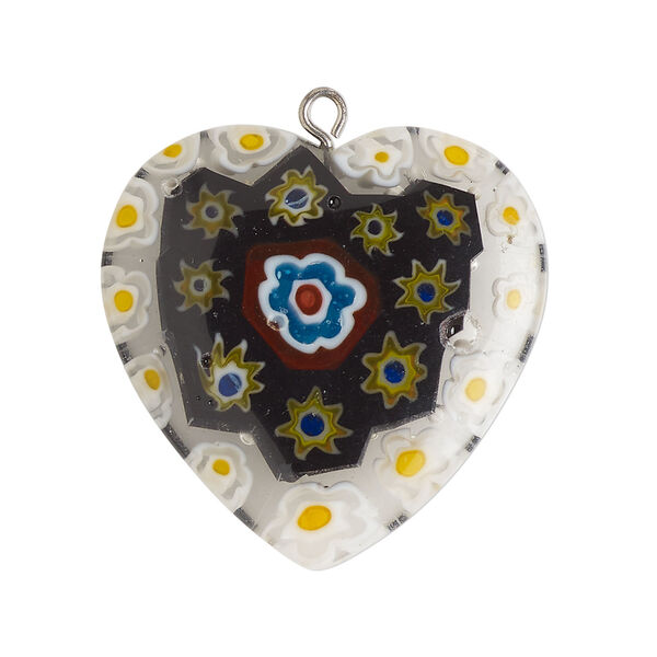 Focal 1pkg1, silver-finished steel / millefiori glass, opaque to transparent multicolored, 29-31mm puffed heart. image number 0
