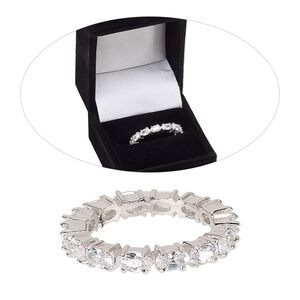 Ring, cubic zirconia and rhodium-finished brass, clear, 3.5mm wide eternity band, size 8. Sold individually.