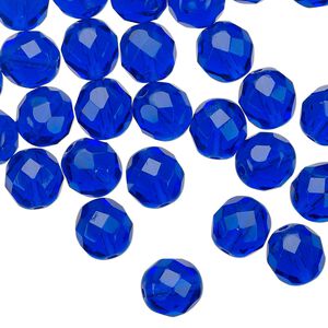 Bead 1pkg1 Czech fire-polished glass, 8mm faceted round, half-mass transparent cobalt blue