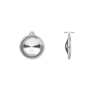 Drop, Almost Instant Jewelry®, antique silver-finished "pewter" (zinc-based alloy), 23mm round with triangle and beaded design with 16mm rivoli setting. Sold per pkg of 6.
