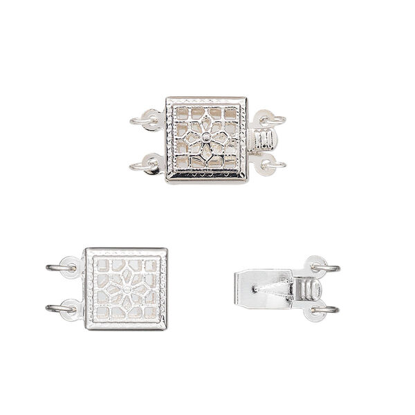 Clasp, 2-strand tab, silver-plated brass, 9x9mm filigree square with flower design. Sold per pkg of 2. image number 0