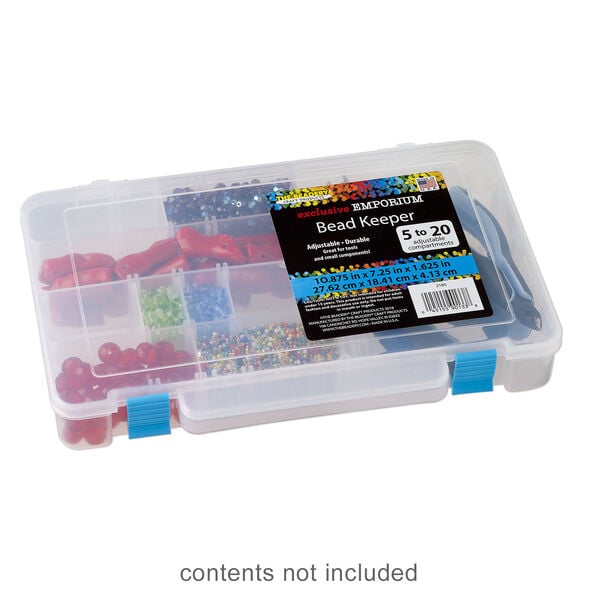 Organizer box, The Beadery®, 1pkg1, plastic, clear / blue, 10-7/8 x 7-1/4 x 1-1/2 inches with 5 to 20 adjustable compartments (2185). image number 0