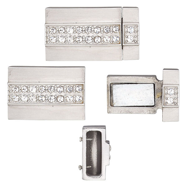 Clasp, magnetic, glass rhinestone and stainless steel, clear, 25x14mm rectangle with glue-in ends, 11.5x3.5mm inside diameter. Sold individually. image number 0