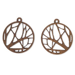 Drop, wood (natural), 19mm single-sided flat round with cutout branches design. Sold per pkg of 2.